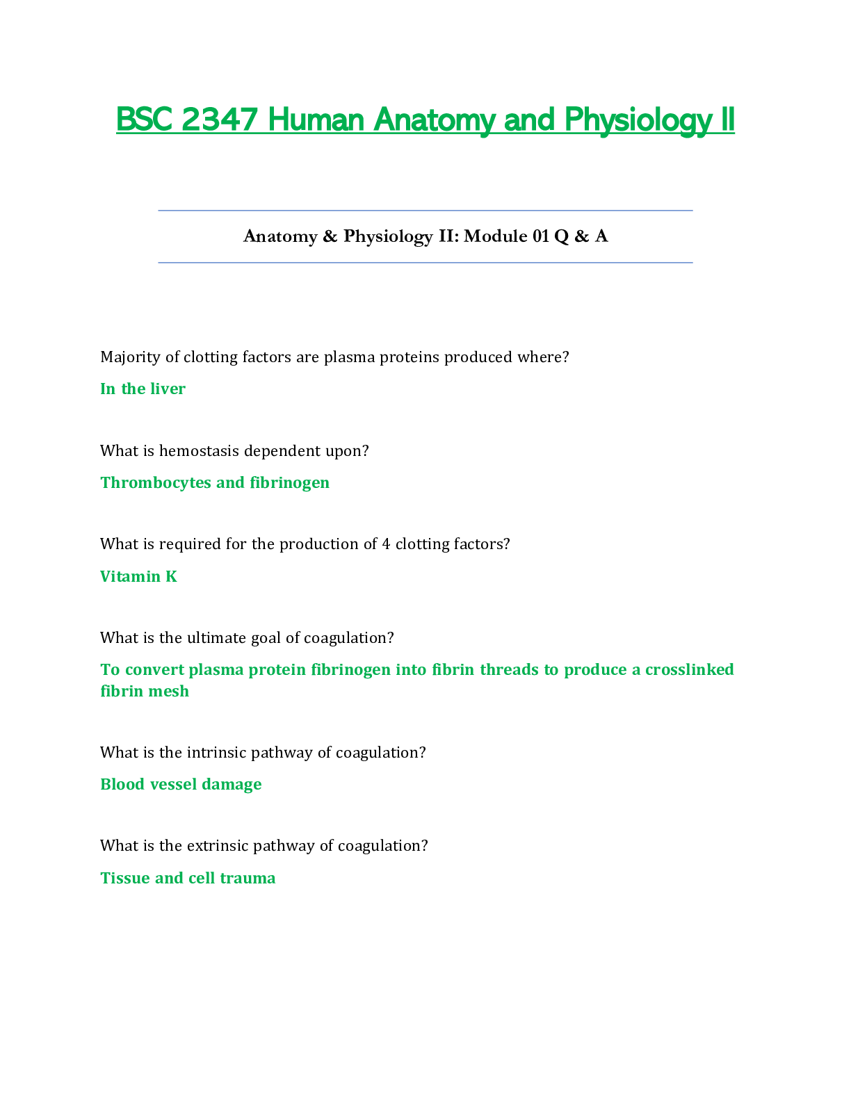 Preview of BSC2347 / BSC 2347 Module 1 Q & A Updated: Human Anatomy & Physiology II - Rasmussen